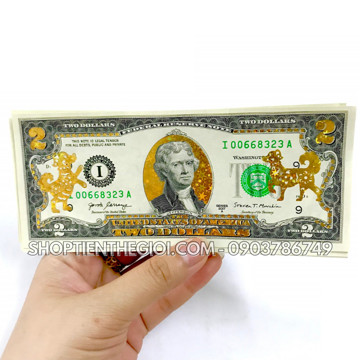 Tiền 2 USD in hình Con Chó 3D nhũ vàng 